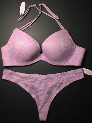 SET Victoria's Secret Embrace Angels Push Up Bra-34C Thong-M Lilac Purple Lace • $90