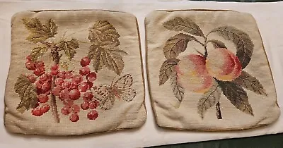 Vintage 1991 Wool Needlepoint Pillow Cover Fruits Plum Velvet 13 ×13  Lot Of 2 • $49.99