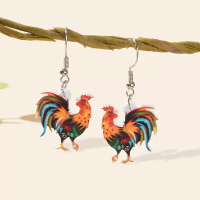 $3.99 • Buy Statement Jewellery Colourful Cock Chicken Acrylic Dangling Rooster Earrings