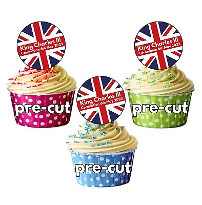 PRECUT King Charles III Coronation Union Jack Cupcake Toppers Cake Decorations • £3.99