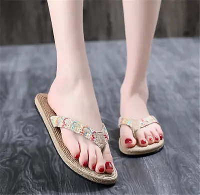 Women Bamboo Sandals Comfort Summer Beach Casual Flats Thong Flip Flops • $15.38