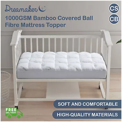 Dreamaker 1000 GSM Bamboo Cover Ball Fibre Fitted Mattress Topper Baby Cot Size • $40.45