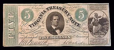 1862 COMMONWEALTH Of VIRGINIA $5.00 TREASURY NOTE / OBSOLETE VERY FINE • $69.99