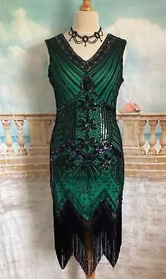 Dress 14 Black Fringe Sequin Green XL Flapper Gatsby Peaky Blinders Party 20's • £19.99