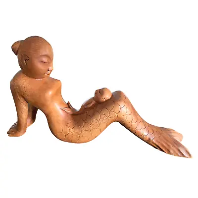 Mermaid Mother & Baby Sculpture Hand Carved Wood Statue Handmade Balinese Art • $79.92