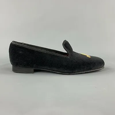 CUSTOM MADE Size 8 Black Embroidery Velvet Slippers Loafers • £200.91