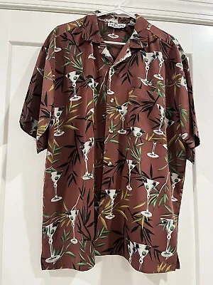 Sun Casuals Mens Large Martini Bamboo Palm Polyester Brown Button Up • $17.99