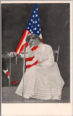 Vintage 1900s Patriotic Embossed Postcard  CONTEMPLATION  Lady Sword U.S. Flag • $5.62