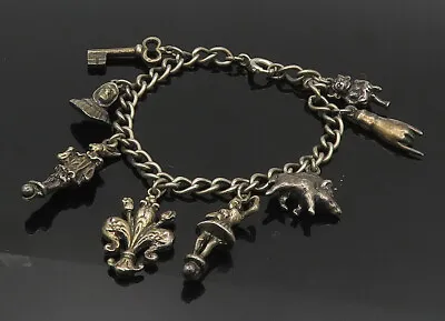 925 Sterling Silver - Vintage Dark Tone Assorted Charms Chain Bracelet - BT7219 • $169.71