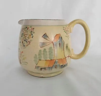 Vintage Art Deco Yellow Orange Hand Painted Jug Vase Windmill & Flower Design • £14.99