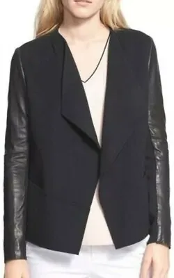 Vince Leather Sleeve Drape Open  Front Black Jacket/Blazer Womens Size Small • $100