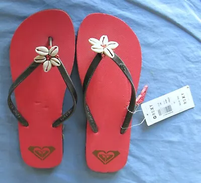 Roxy Bahama Shells Flip Flops Cowrie Shell Brown Straps Red Footbed Women 10 NWT • $7.99