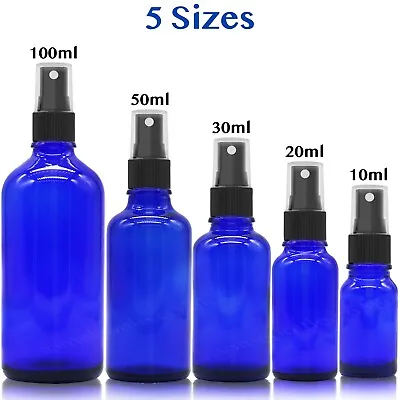 BLUE GLASS Spray Bottle Black ATOMISER Mist Sprayer Pump Liquid Oils Perfume • £52.90