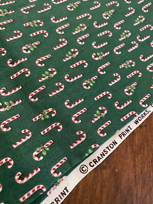 Vtg GREEN Cranston Christmas Quilt Cotton Fabric Small Scale Tiny CANDY CANES • $6.50