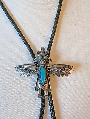 Vintage Horned Owl Kachina Bolo Tie Sancrest Southwest Faux Silver & Turquoise • $53.99