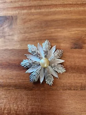 Vintage Trifari Flower Brooch Silvertone Floral Faux Pearl Pin • $14.99