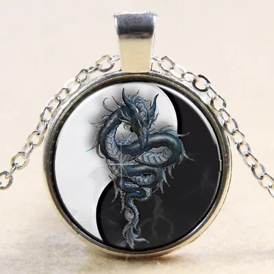 Dragon Yin Yang Glass Dome Cabochon Silver Plated Necklace Jewellery 18  JP200B • £3.99