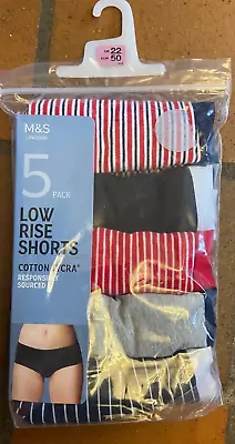 Marks And Spencer M & S Blue Red Mix Cotton Low Rise Shorts Pack Of 5  Size 22 • £9.50