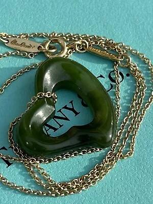 Tiffany & Co 18K Elsa Peretti Green Nephrite Jade Open Heart Necklace 17 Inches • $1500