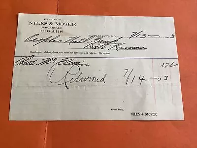 U.S. Niles & Moser Cigars Kansas  1903 Receipt R40013 • $8.87