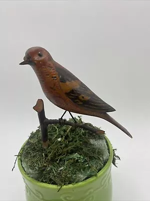 Antique Vintage  Folk Art Miniature Hand Carved Brown Bird 6” Branch Wire Legs • $42