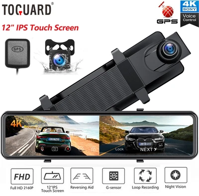 $169.59 • Buy TOGUARD 12 Mirror Dash Cam 4K GPS Touch Screen Rearview Car Camera Voice Control