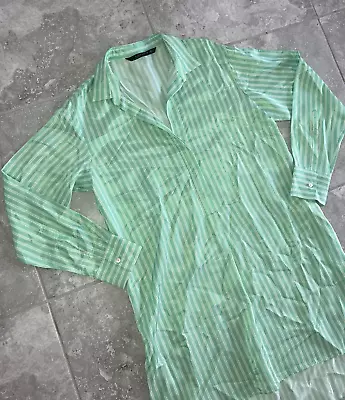 Zara Green Satin Collared Oversized Striped Tunic Popover Shirt Dress S New • $25