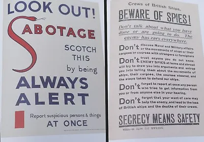 2x Wartime Home Front Posters: Look Out Spies Sabotage Secrecy Naval Military • £8.99
