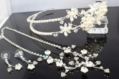 £10.91 • Buy Bridesmaid Prom Crystal Pearls Silver Side Headband W Bracelet Party  T017 B172