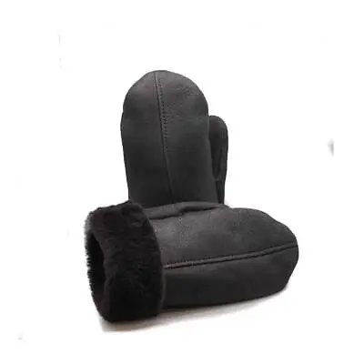 Unisex Warm Real Shearling Sheepskin Leather Brown FUR  MITTENS Black Leather • $39