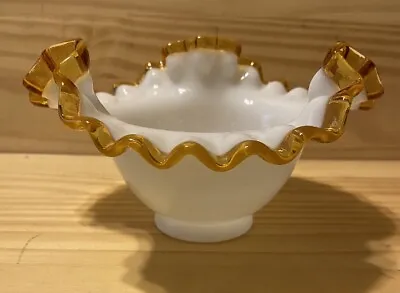 Fenton Milk Glass Gold Ruffled Trim Bowl • $15.99