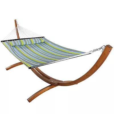 2-Person Quilted Hammock With Curved Wooden Stand - Blue/Green By Sunnydaze • $365