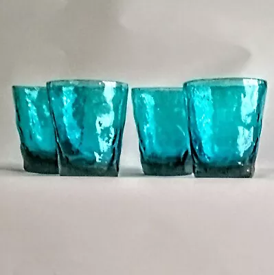 4 Morgantown Crinkle Single Old Fashioned Peacock Blue Rocks Glass Tumblers • $35