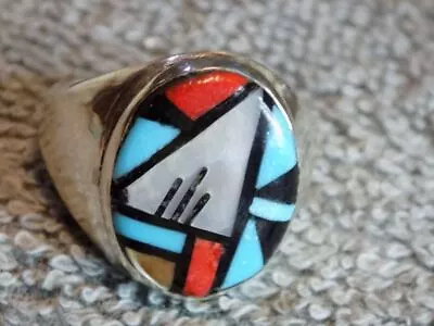 Mens Silver Turquoise Inlay Ring Raymond Bobelu Size 12 Zuni Indian Jewelry • $147.77