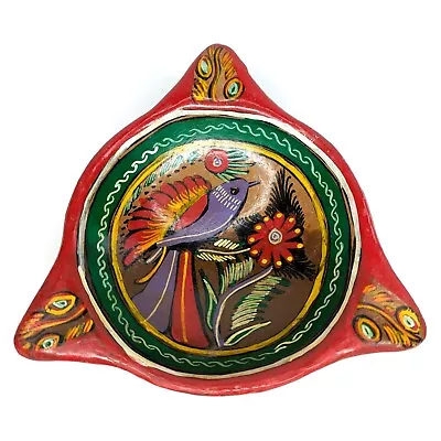 Triangular Mexican Folk Art Pottery Bowl Trinket Dish Ashtray Red Bird Design • $14.99