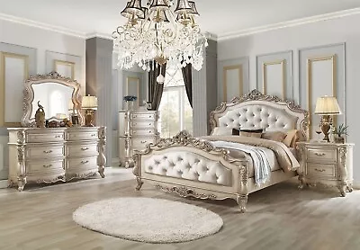 5 Piece Traditional Antique White Marble & Fabric Queen King Bedroom Set IAAO • $6188.97