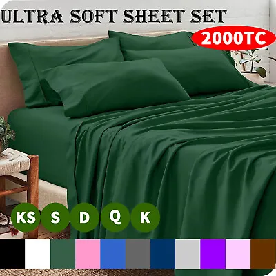 $28.11 • Buy 2000TC Bed Sheet Set Single/Double/Queen/King Ultra Soft Flat Fitted Pillowcase