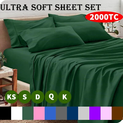$14.43 • Buy 2000TC Bed Sheet Set Single/Double/Queen/King Ultra Soft Flat Fitted Pillowcase