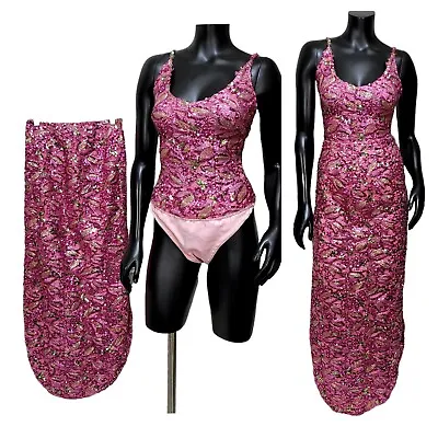 Vintage Pink Sequin Cabaret Bordello Showgirl Burlesque Costume Bodysuit Skirt • $395.59
