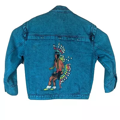 Turquoise Navajo Jean Jacket Small Sundance Indian Chief Painted Teal Denim • $54.98