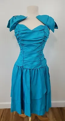 Vintage Nadine 80's Glam Teal Taffeta Ruched Puff Bow Prom Party Dress Sz S • $49.99