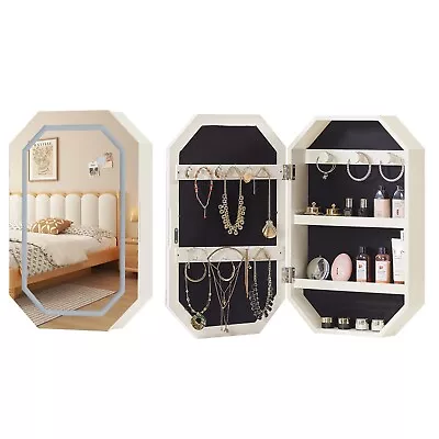 LED Light Mirror Jewelry Cabinet Wall Mounted Armoire Organizer Storage Shelf • $74.99