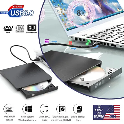 Slim External CD/DVD Drive USB 3.0 Player Burner Reader For Laptop PC Mac HP US • $15.13