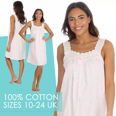 Ladies 100% Cotton Sleeveless Nightdress Pink Spot Nightie 10 12 14 16 18 20 22 • £13.49