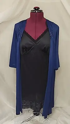 Vtg Vanity Fair Vassarette Blue Black Peignoir  Set  XXL Slip Gown & Button Robe • $29.95