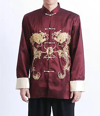 £22.99 • Buy New Chinese Oriental Mens Kung Fu Satin Red Golden Dragon Top Long Shirt Cmssh12