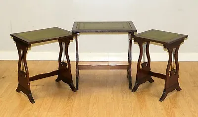 Lovely Mahogany Nest Of Tables Green Leather Top With Harp Shape Support Sides • $497.82