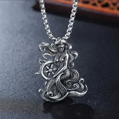 Pirate Mermaid Jewelry Vintage Silver Sexy Goddess Standing Pendant Necklace • $12.78