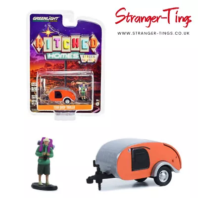 Greenlight Hitched Homes Teardrop Trailer With Backpacker Figure 1/64 34130-F • $23.02