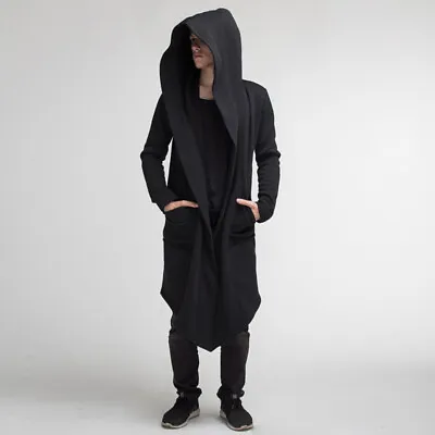 Men Solid Hoodie Long Jacket Cardigan Casual Trench Cloak Cape Coat Outwear ~ • $20.16